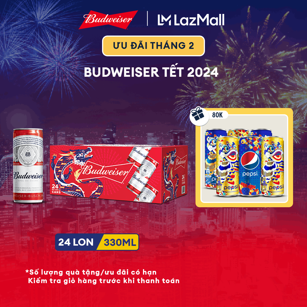 Thùng 24 Lon Bia Budweiser (330ml/ lon) - Phiên Bản Tết 2024 (DATE 2025)