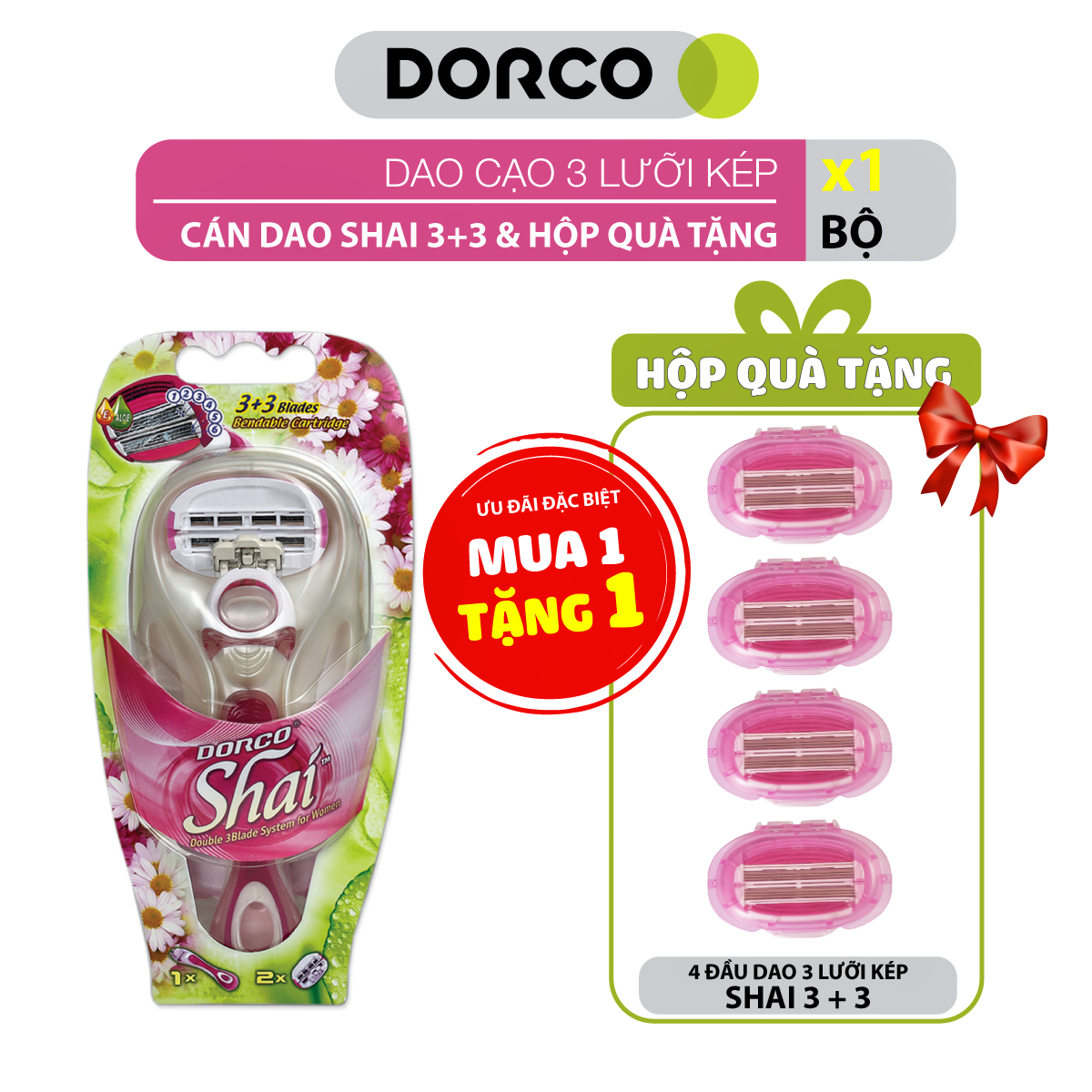 Dao Cạo 3 Lưỡi Kép Cho Nữ Và Hộp Quà Tặng 4 Đầu Dao Cạo Dorco Shai 3 + 3