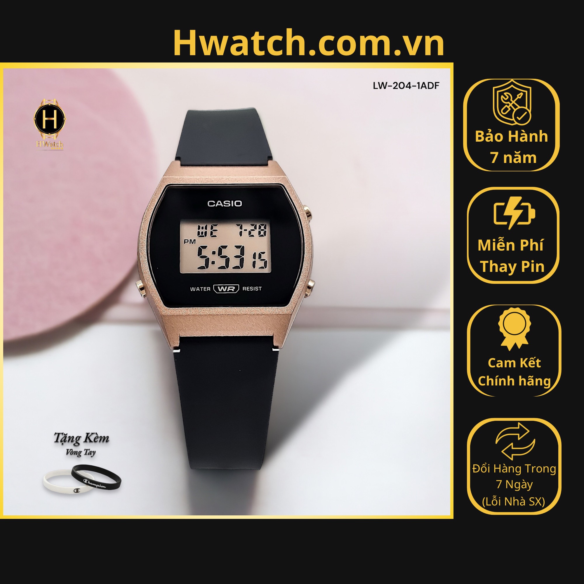 [Có sẵn] [Chính hãng] Đồng Hồ Nữ Casio LW-204-1ADF Mặt Đen Viền Hồng Hwatch.com.vn