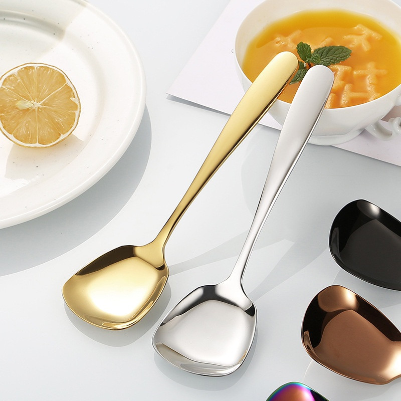 Thìa Inox Ăn Cơm Cháo  Súp Đầu Bầu Vuông Cán Dài Cao Cấp - Muỗng Inox Sáng Bóng Gỉ Sét - Thìa Ăn Cơm