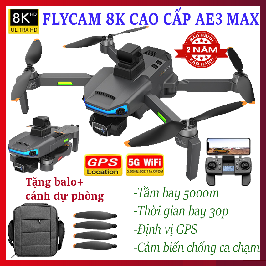 Flycam mini drone phiên bản nâng cấp AE3 Pro Max Máy bay Flycam 8K cao cấp Playcam không người lái định vị G.P.S cảm biến chống va chạm chống rung Tầm bay 5000m Bay 30p