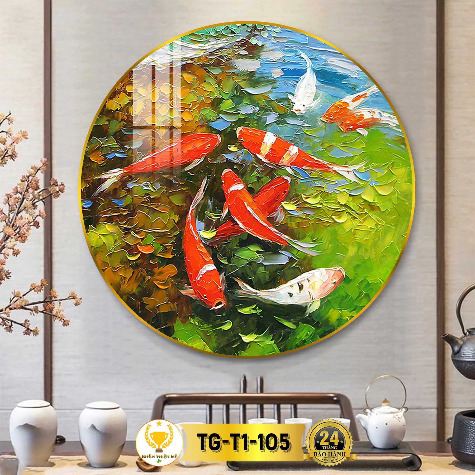 Tranh Tráng Gương Pha Lê Tròn CHÂN THIỆN MỸ Tranh Decor Treo Tường Trang Trí Phòng Hoa Sen Vàng TG-T