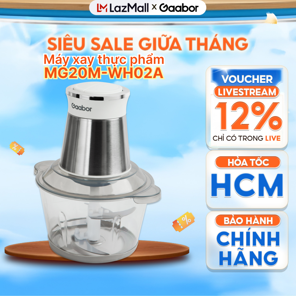 Máy xay thịt Gaabor MG20M-WH02A dung tích 2L xay rau củ sinh tố tỏi ớt đa năng 4 lưỡi dao tô nhựa
