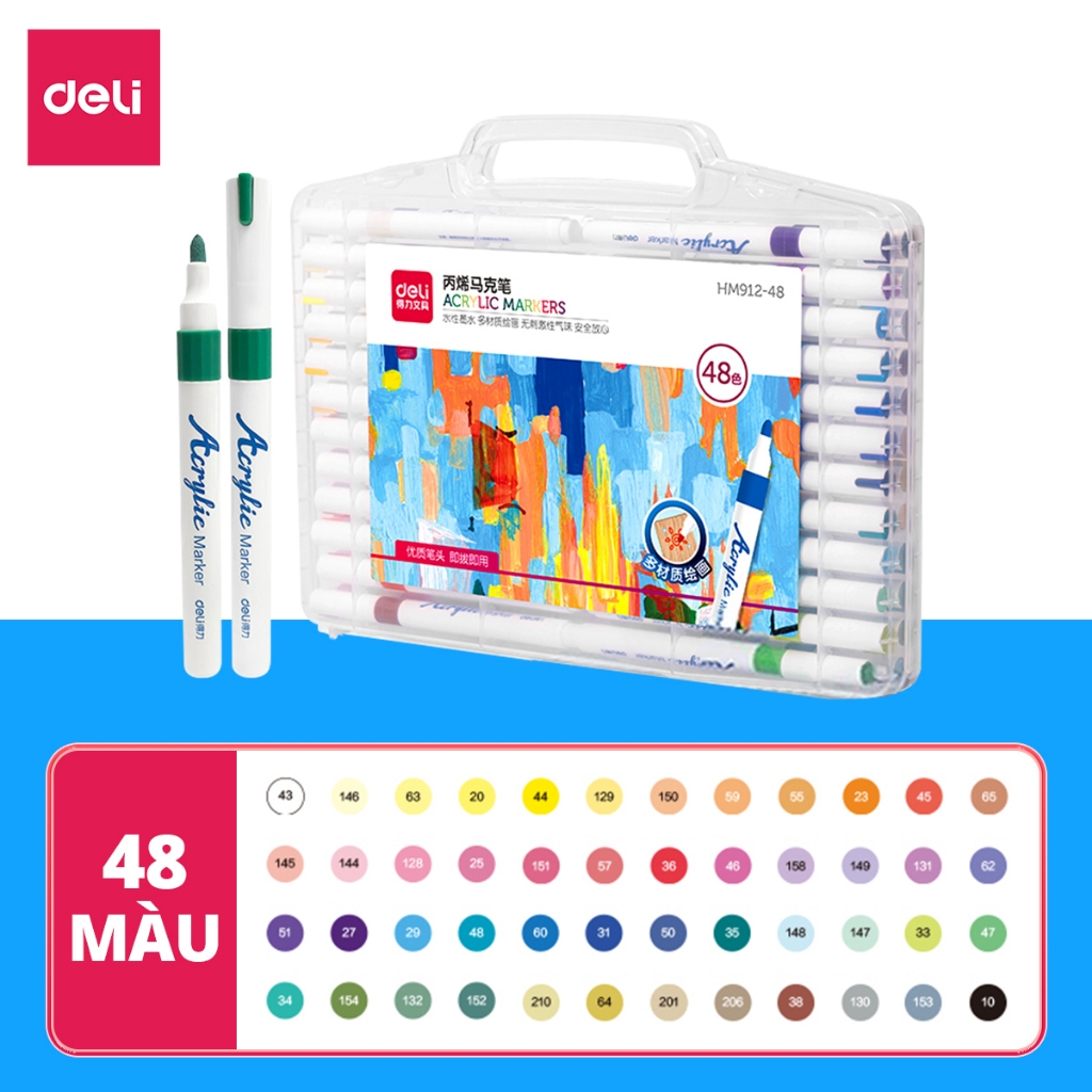 Bút Sơn Bút Màu Acrylic Marker 2 Đầu Cao Cấp Deli - Kèm Hộp Nhựa - 12/24/36/48 Màu Đậm Đều - Tô Màu 