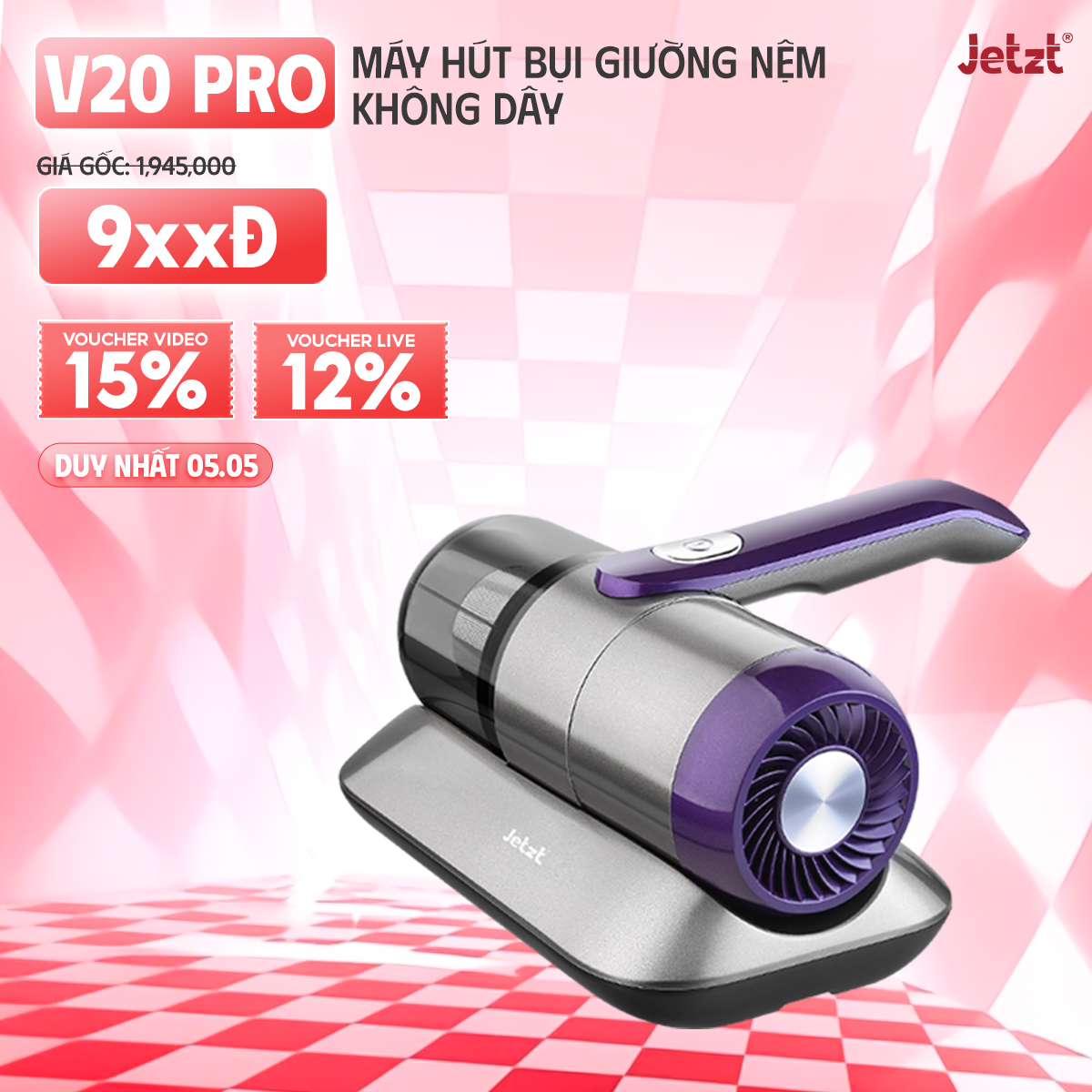 Máy hút bụi giường nệm diệt khuẩn UV JETZT V20 PRO không dây cầm tay, dung lượng 0.6L, trọng lượng 1kg