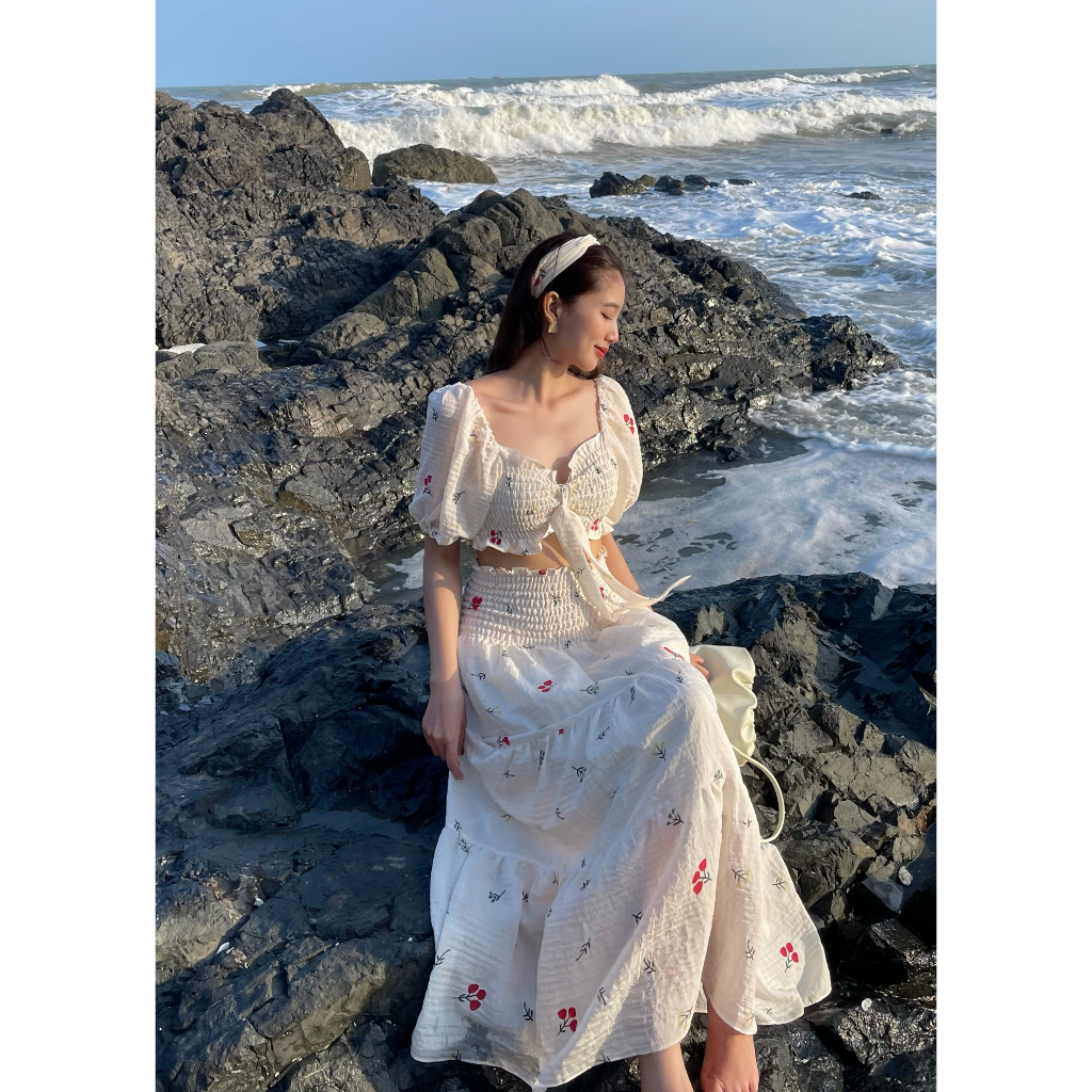 Set váy maxi đi biển dáng dài phối áo croptop tay bồng HABII SE11 [CÓ BIGSIZE]