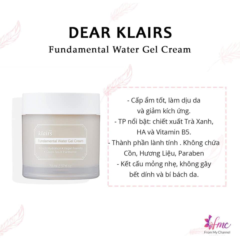 Kem Dưỡng Ẩm Chuyên Sâu Klairs Fundamental Water Gel Cream 70Ml