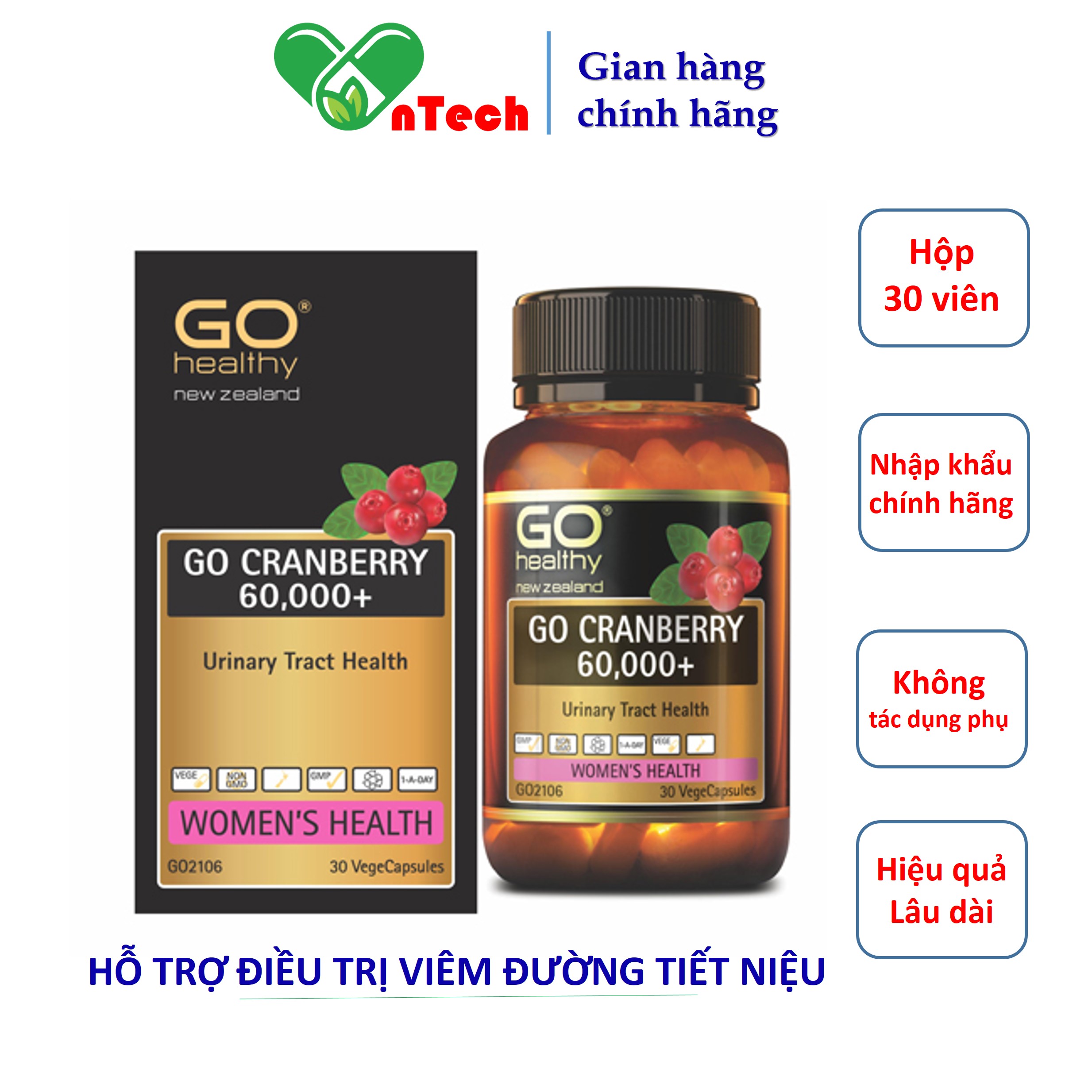 Viên Uống Go Cranberry 60000+ Hỗ Trợ Điều Trị Viêm Đường Tiết Niệu Viêm Nhiễm Phụ Khoa Nam Khoa Giảm Triệu Chứng Tiểu Buốt Tiểu Rát Khó Tiểu Hộp 30 Viên