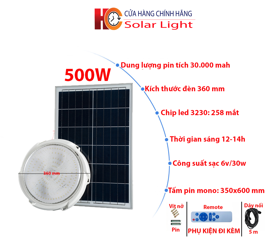 Đèn năng lượng mặt trời ốp trần HC SOLAR LIGHT 400W & 500W Vỏ nhựa ABS Tấm pin rời Ánh sáng trắng