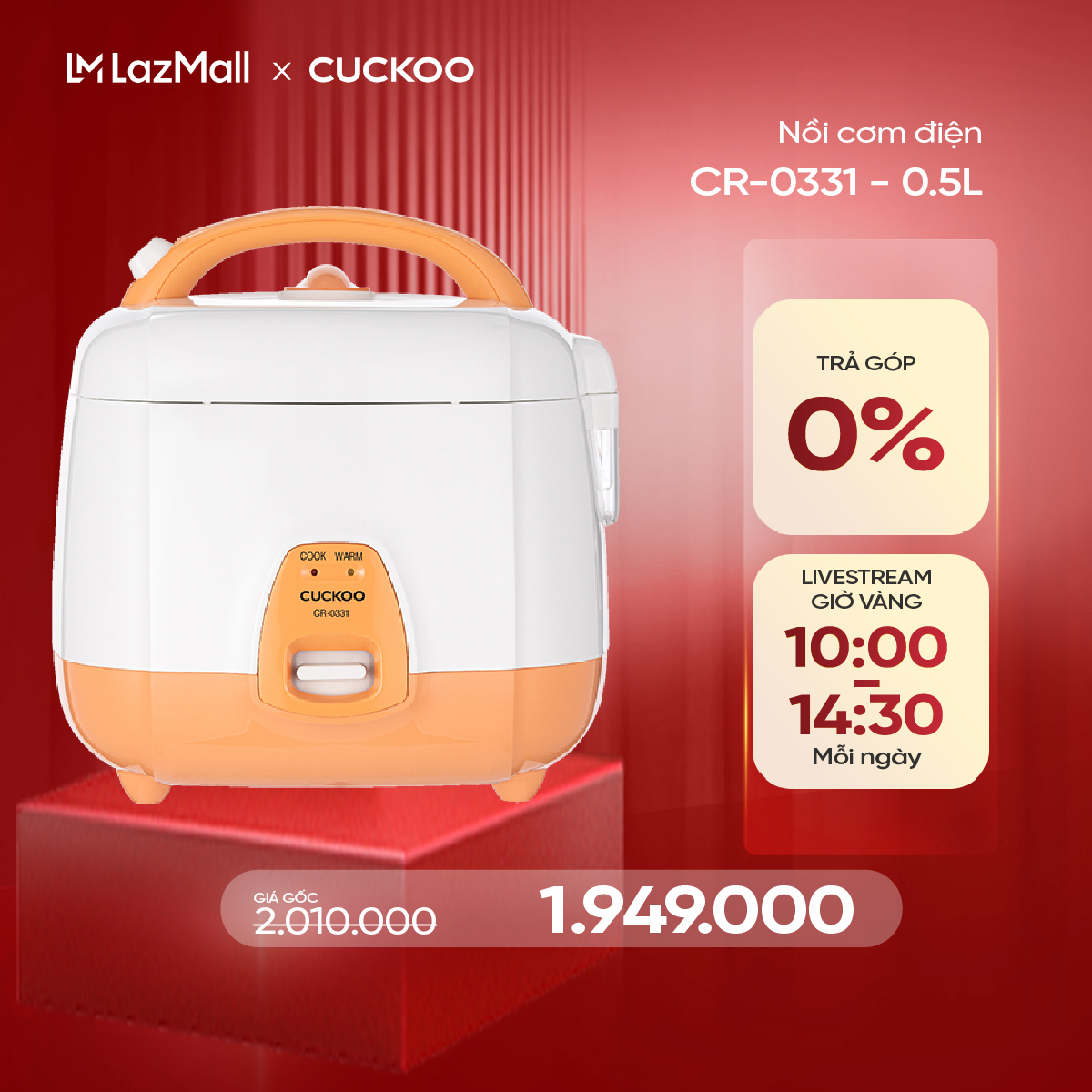 Nồi cơm điện Mini Cuckoo 0.5L CR-0331 - Lòng nồi chống dính nhỏ gọn cho gia đình ít người - Hàng chí