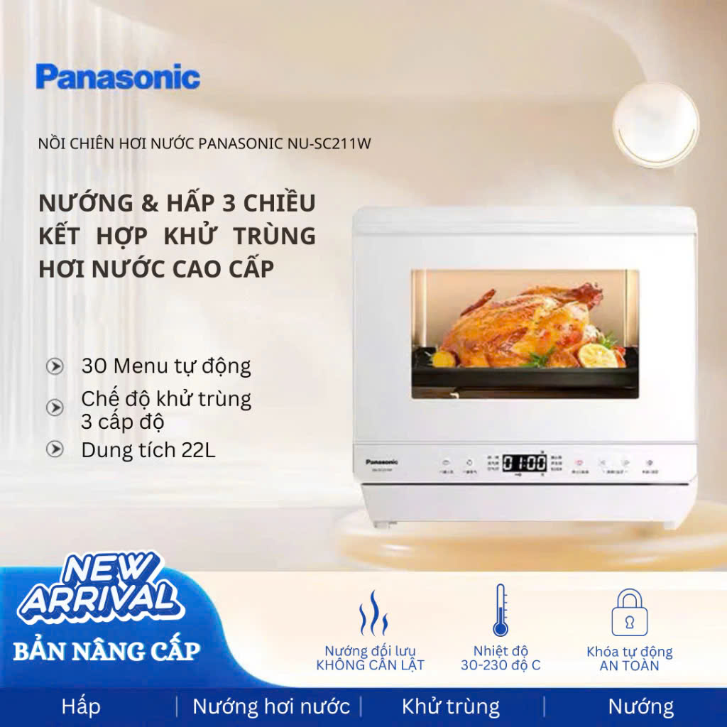 Lò nướng lò hấp hơi nước Panasonic SC211W dung tích 22L với menu 30 chức năngtiệt trùng/hấp/nướng đồ