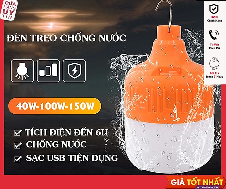 BÓNG ĐÈN TÍCH ĐIỆN SẠC DỰ PHÒNG SIÊU SÁNG100W BÓNG ĐEN CHỐNG NƯỚC SẠC USB CÓ MÓC TREO TIỆN LỢI