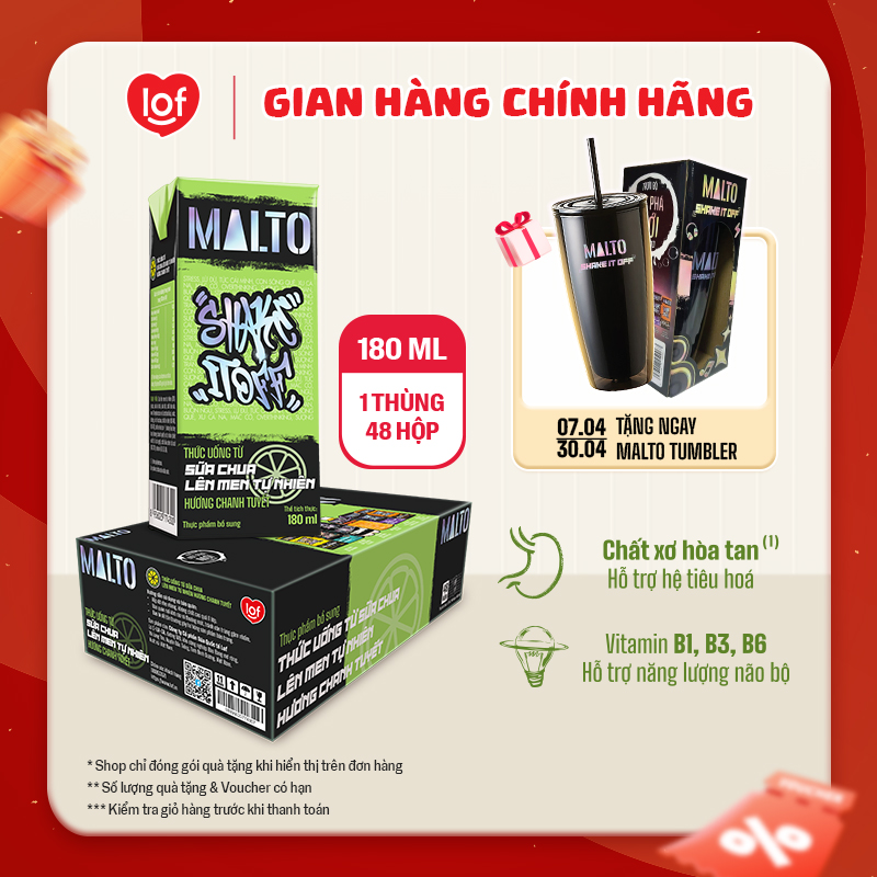 Sữa chua lên men tự nhiên MALTO Shake It Off hương chanh tuyết thùng 48 hộp x 180ml