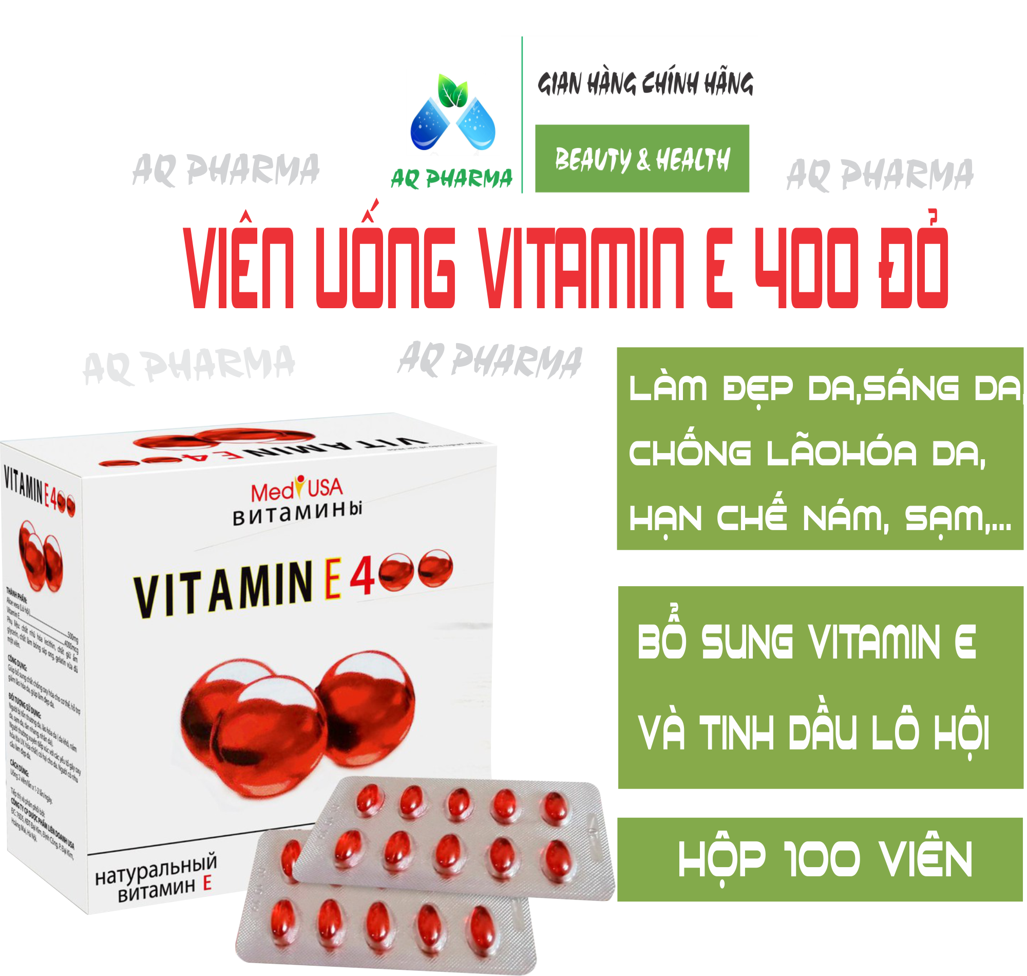 [Hộp 100 viên] Viên Uống Đẹp Da Vitamin E đỏ 4000mcg sáng mịn da chống lão hóa - - Vitamin E 4000mcg