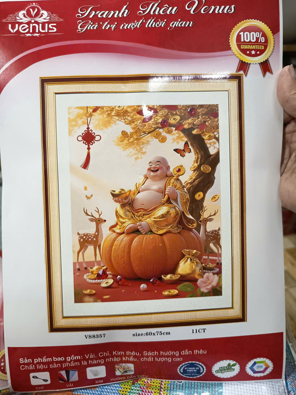 Tranh thêu chữ thập Phật Di Lặc kim tiền VS8357 - (tranh thêu kín) kích thước 60 * 75cm