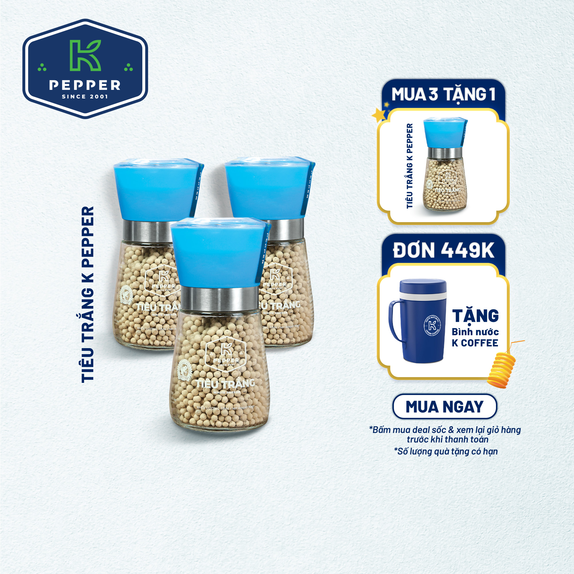 [MUA 3 TẶNG 1] Tiêu Trắng Cối Xay K Pepper 90g - Tiêu Sạch Tiệt Trùng Chất Lượng Xuất Khẩu Châu Âu