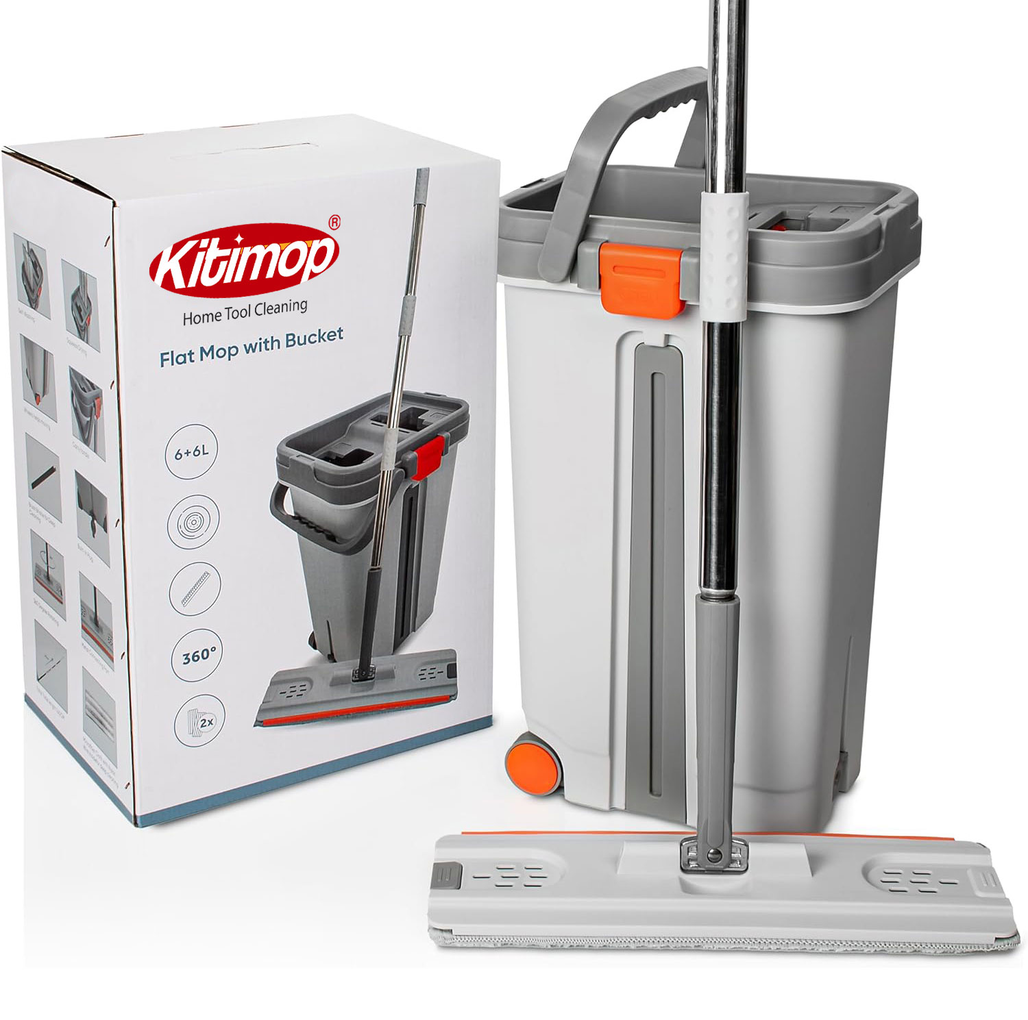 Bộ Cây Lau Nhà Tự Vắt KITIMOP PRO MAX Thùng Lau Nhà Tự Vắt Thông Minh Chổi Lau Nhà Xoay 360 Độ