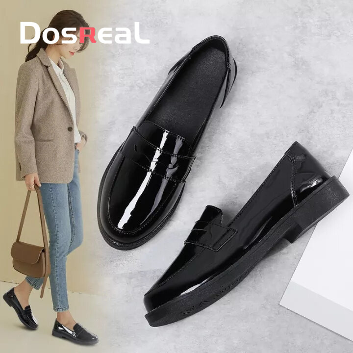 DOSREAL Giày Oxford Nữ Da Hàn Quốc Giày Slip On Đế Bằng Thời Trang Cho Nữ Cao Su Đen Nữ Giày Nữ Size
