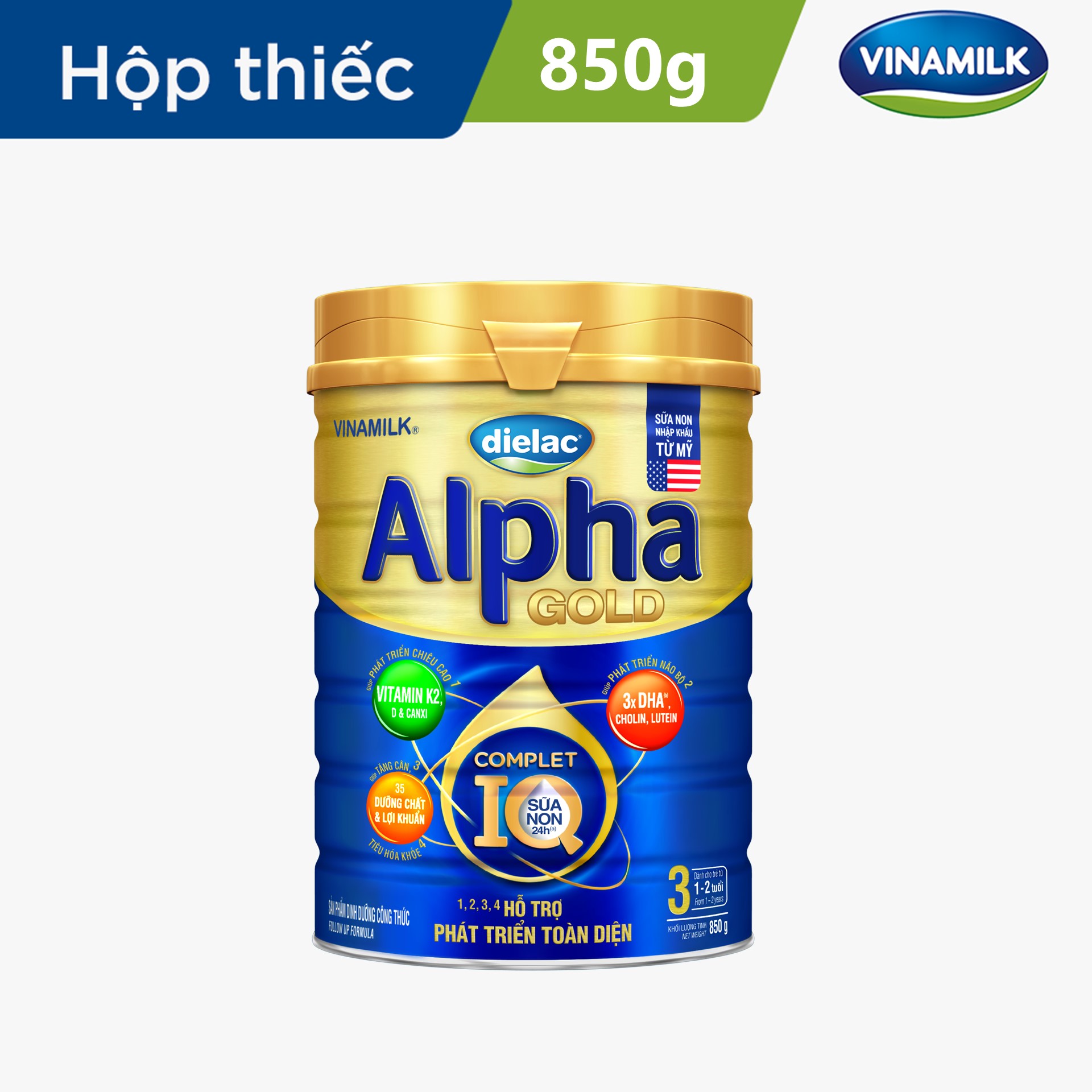 Sữa bột Vinamilk Dielac Gold 3 - Hộp thiếc 850g (cho trẻ từ 1 - 2 tuổi) - Sữa công thức hỗ trợ phát triển trí não của bé tăng cân chiều cao