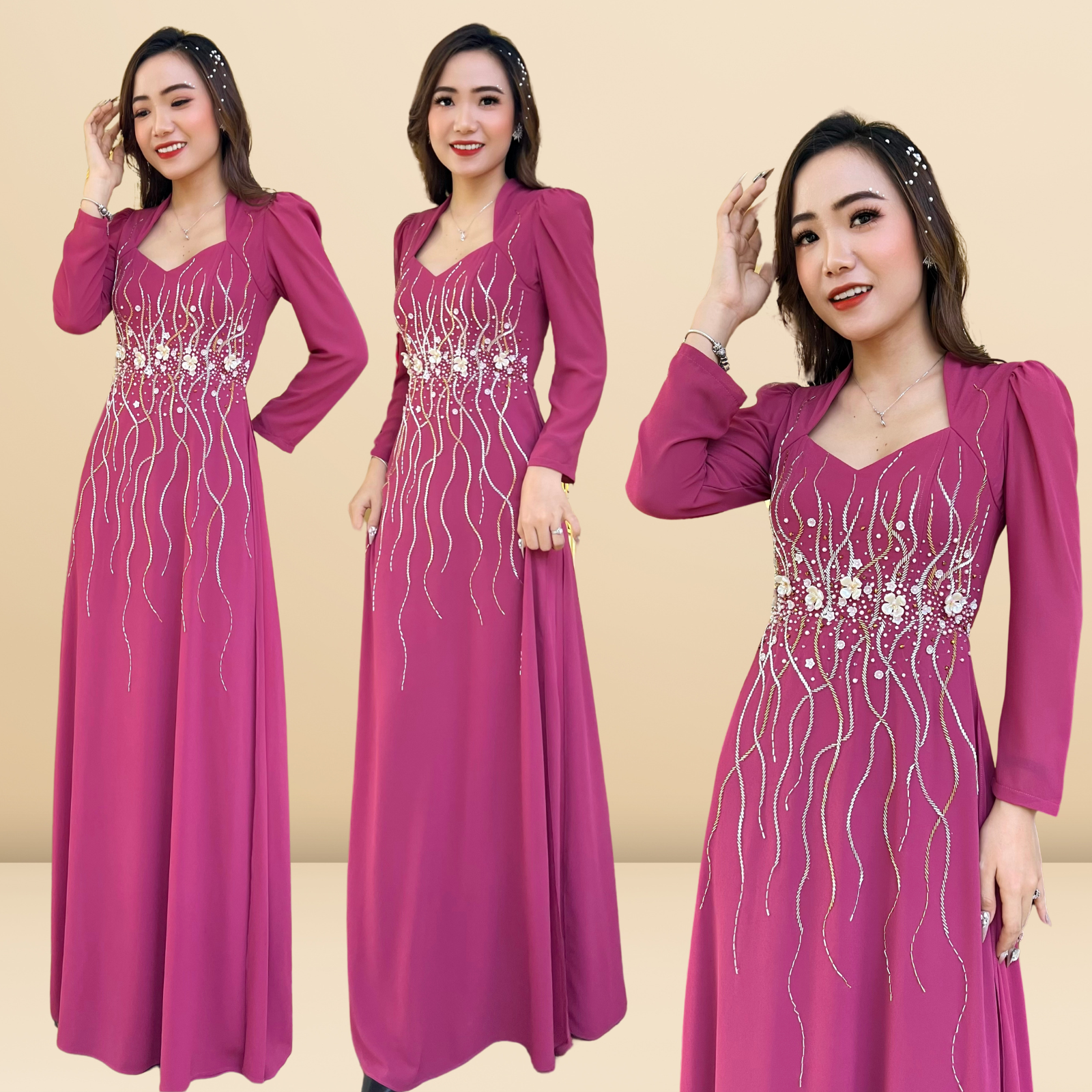 Áo dài trung niên bà sui voan màu hồng kết đá cao cấp Hera Dress Women