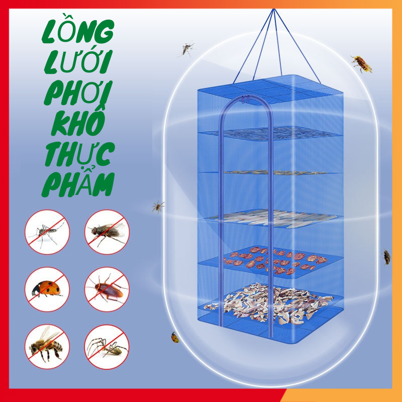 Lồng lưới phơi khô thực phẩm phơi cá chống côn trùng treo 4 tầng để phơi cá khô có thể xếp gọn- Đồ C