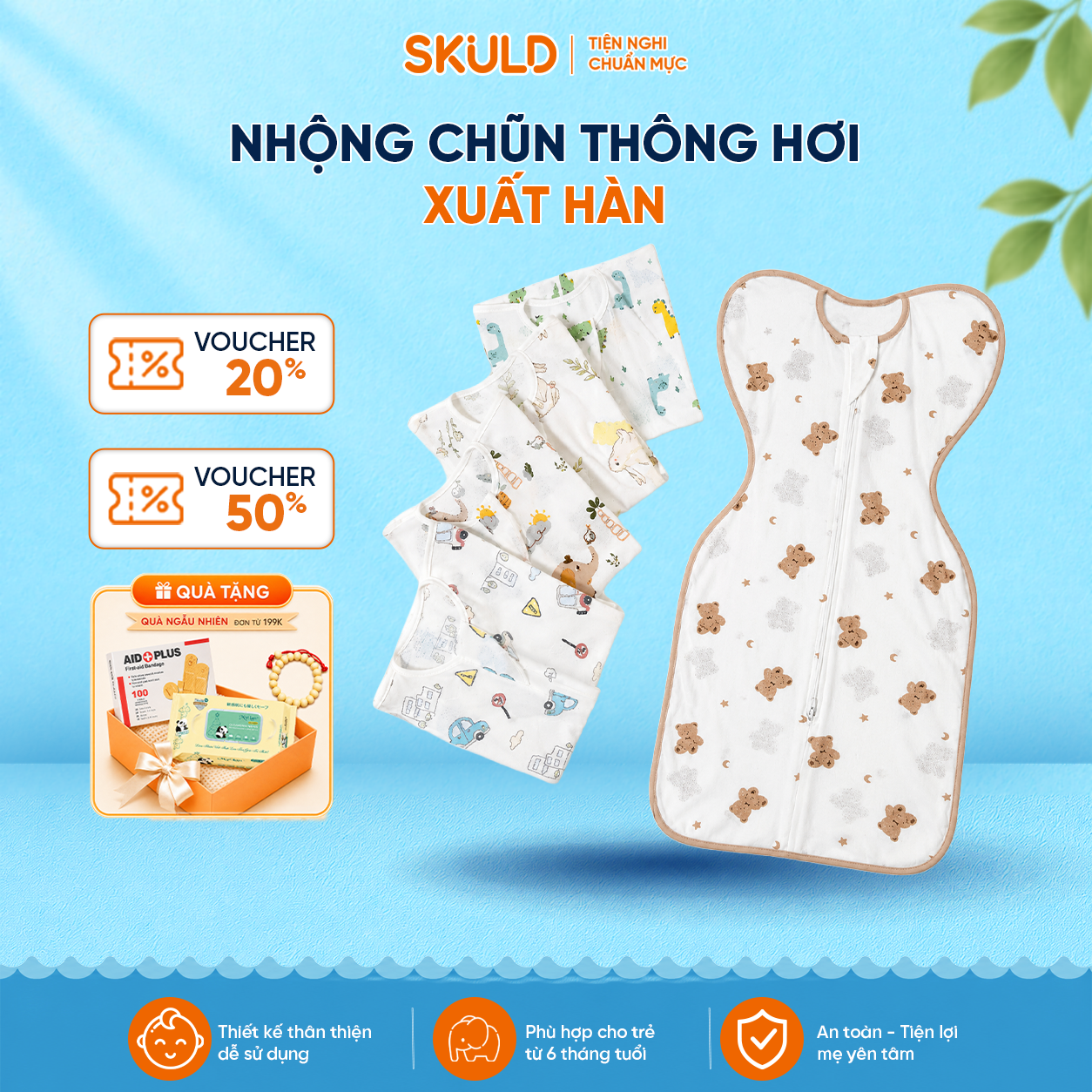 Nhộng Chũn Thông Hơi Xuất Hàn Cho Bé IQKAO – Co Giãn 2 Chiều Mềm Mại Thoáng Khí – Ngủ Ngon Không Giật Mình