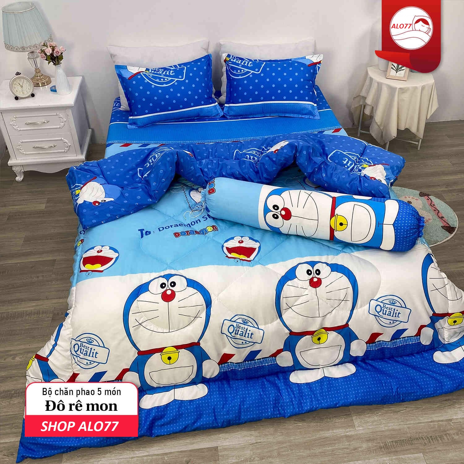 Bộ Chăn Hè Trần Bông Ga Gối 5 Món Poly Cotton 1M6X2M Mẫu Mới hoạt hình DOREMON - bộ ga 5 món - bộ ch