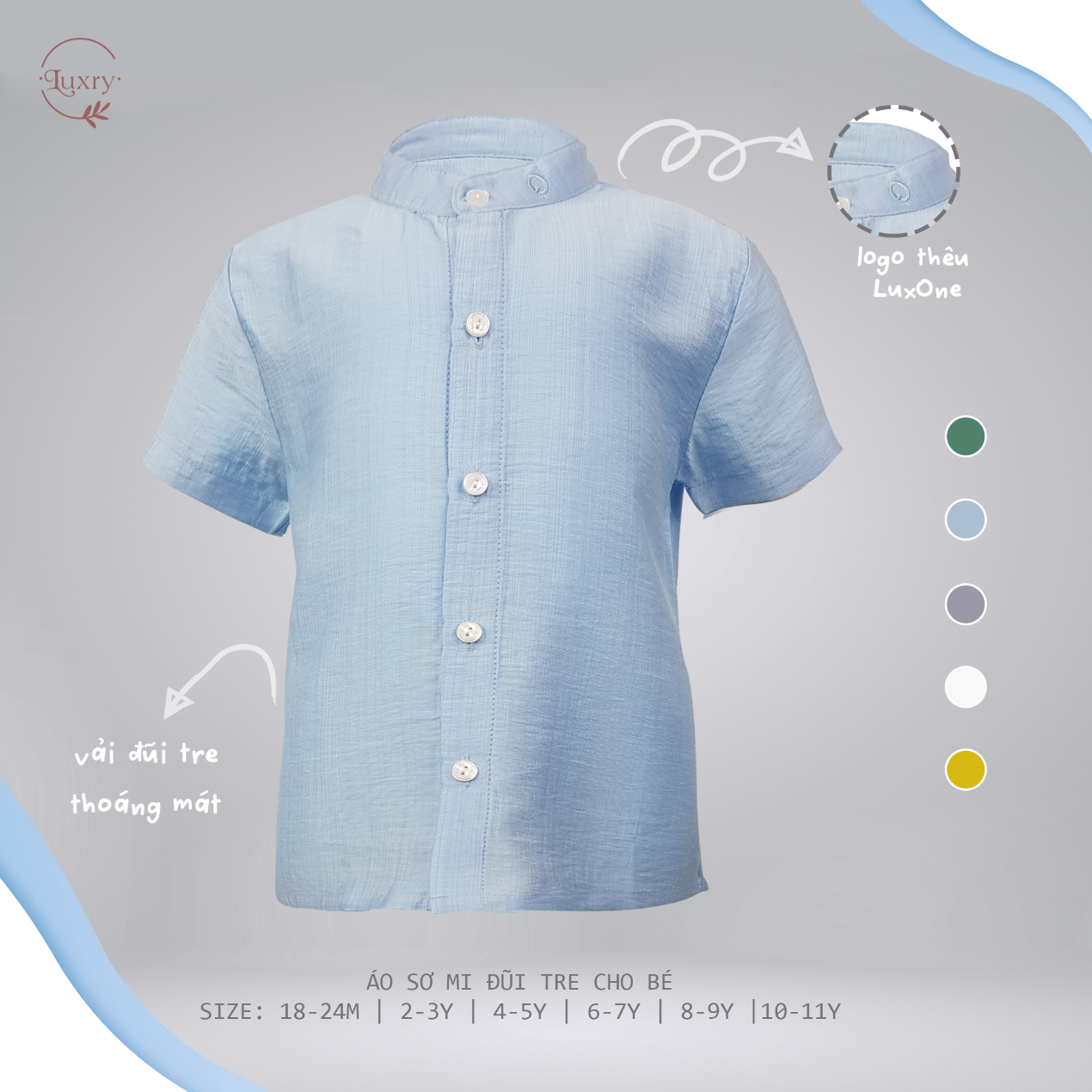 Áo sơ mi cổ tàu cho bé trai bé gái thanh lịch từ thương hiệu Luxry với chất vải đũi tre an toàn cho 
