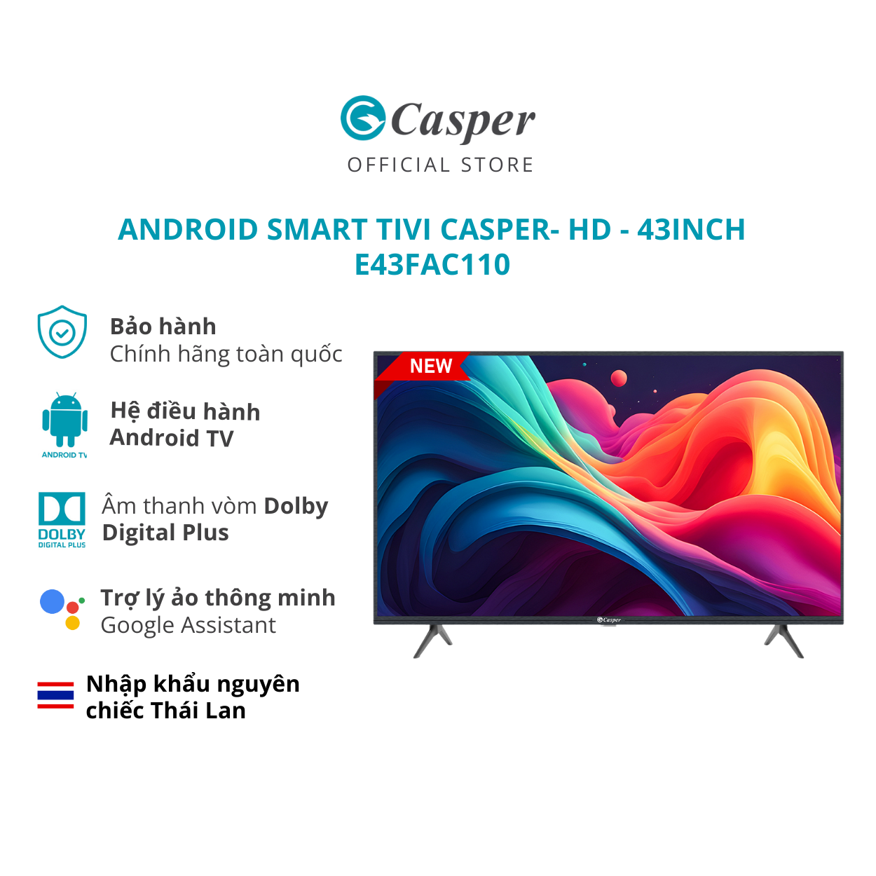 [LẮP 0Đ HCM/HN] Smart Android Tivi Casper 43 inch - HD - E43FAC110 - Chính hãng - Bảo hành 2 năm