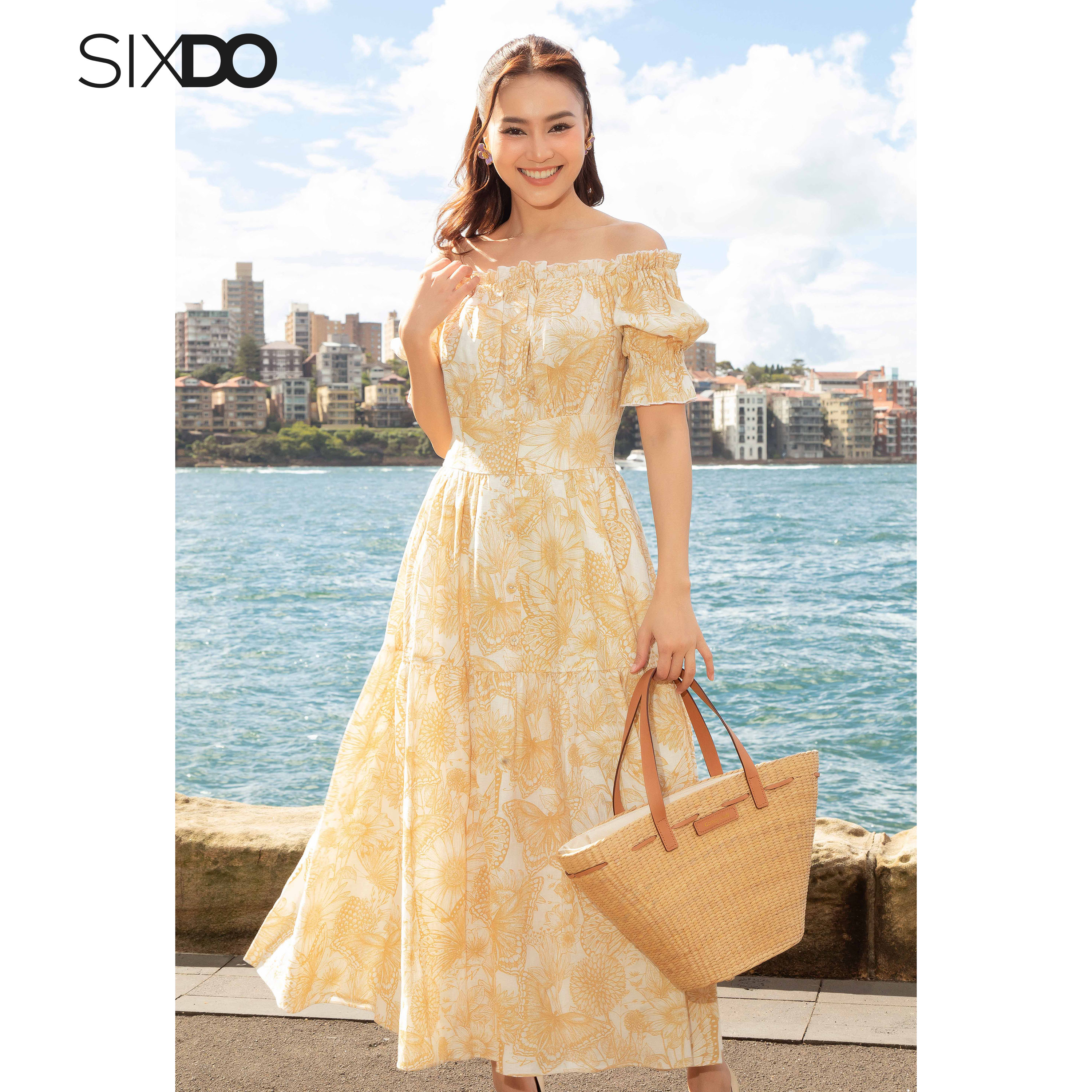 Đầm hoa linen trễ vai SIXDO (White Floral Off-shoulder Midi Linen Dress)