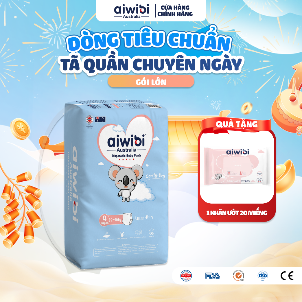 Tã/Bỉm Quần Aiwibi Tiêu Chuẩn Thoáng Khí Thấm Hút Nhanh Gói Lớn M48/L44/XL40/XXL36