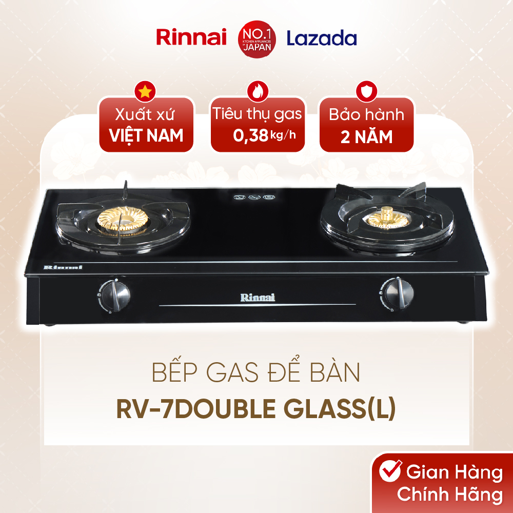 Bếp gas dương Rinnai RV-7Double Glass(L) mặt bếp kính và kiềng bếp men - Hàng chính hãng.