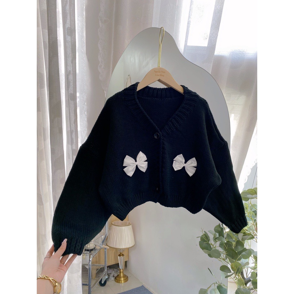 Áo Len Cardigan Trơn Croptop Nữ Màu Đen