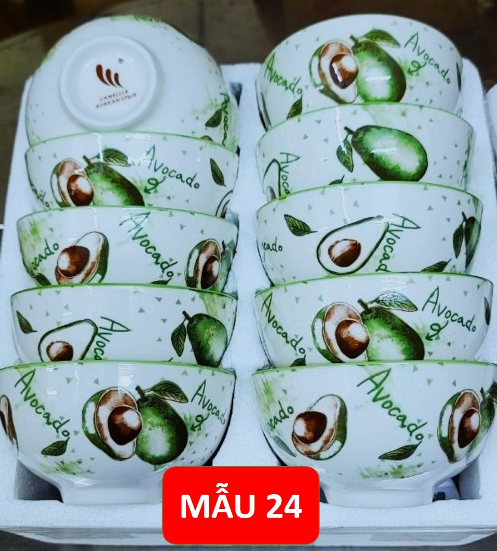 Bộ 10 Chén gốm sứ ăn cơm hoa văn 4D viền miệng chén ( không hộp Mousse) + Tặng kèm 10 đôi đũa gỗ ( N