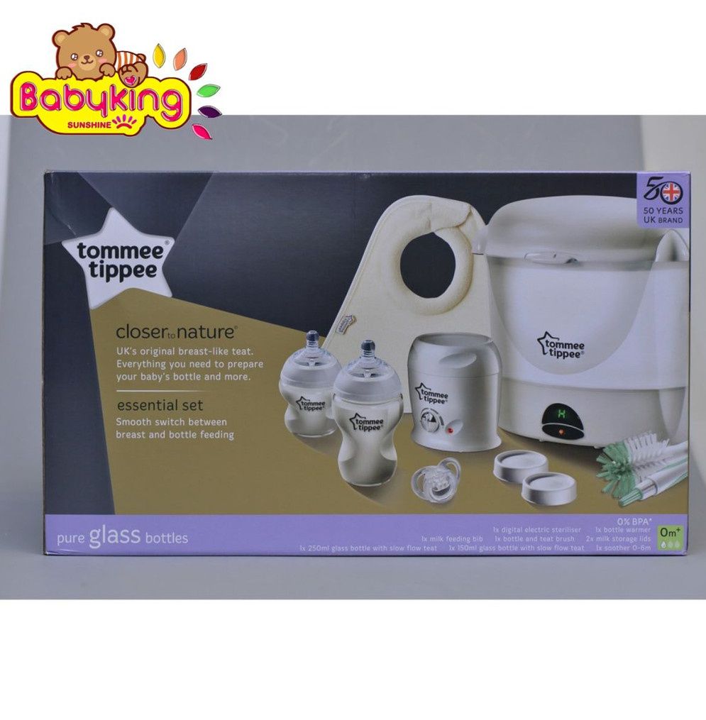 Bộ máy tiệt trùng bình sữa và máy hâm sữa tommee tippee (82023) kèm bình sữa thủy tinh.