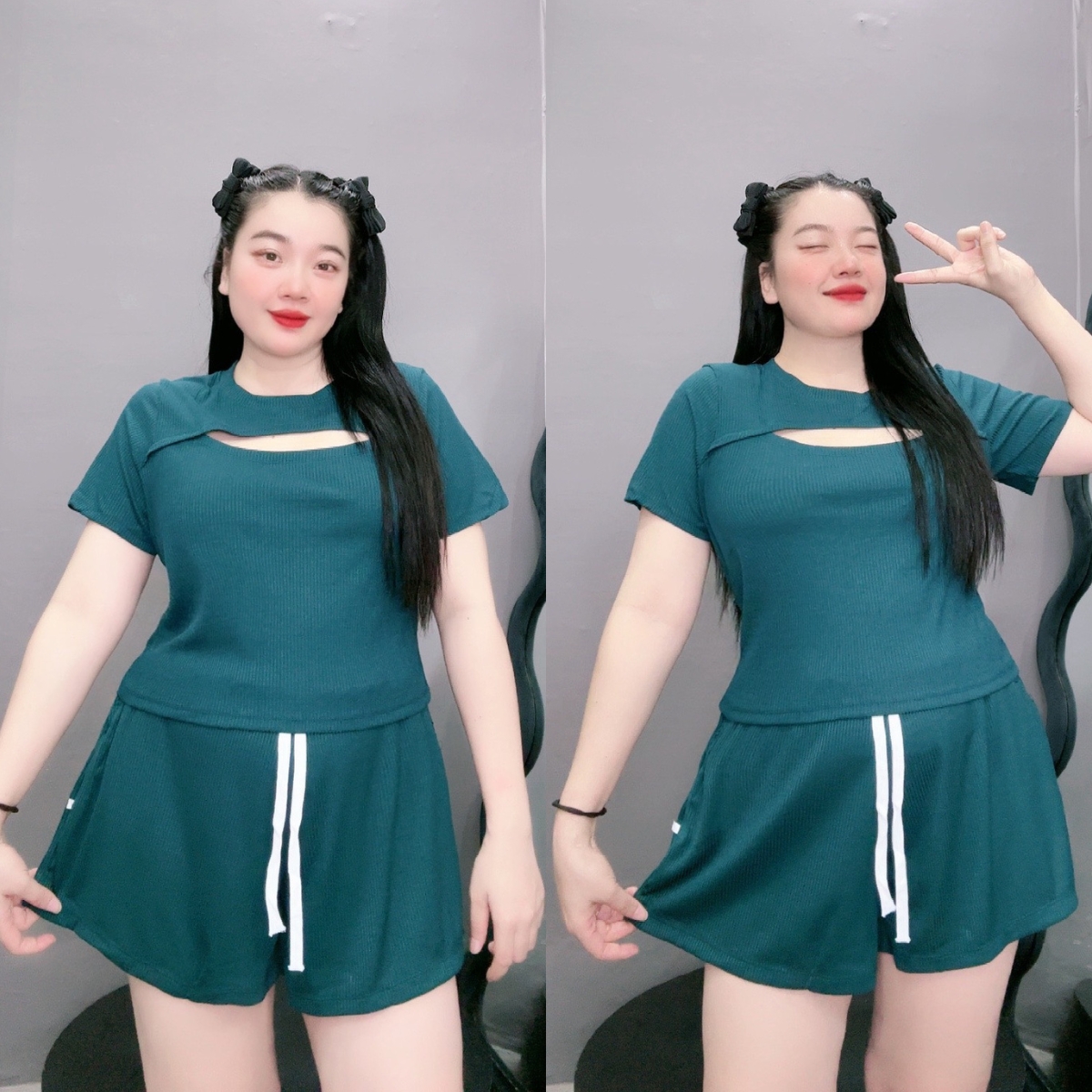 Set đồ bộ bigsize nữ gồm áo thun tay ngắn xẻ ngực và quần đùi thun chất gân tăm co giãn mát mẻ BIGSI