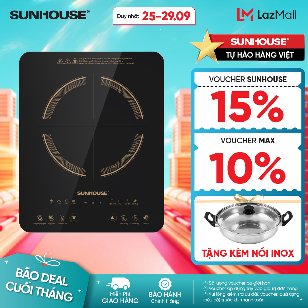 [TẶNG KÈM NỒI INOX] Bếp điện từ SUNHOUSE cảm ứng SHD6803 - Công suất 2000W - Kính cường lực siêu bền