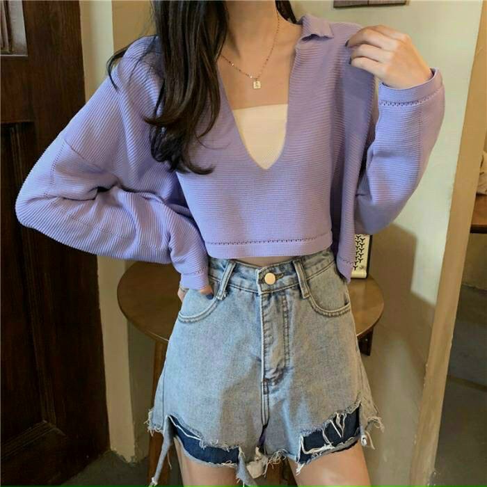 Áo Phông Rộng Nữ Áo Thun Nữ Tay Dài Cổ Bẻ Form Rộng Dáng Croptop Cá Tính Sành Điệu Chất Liệu Thun Co