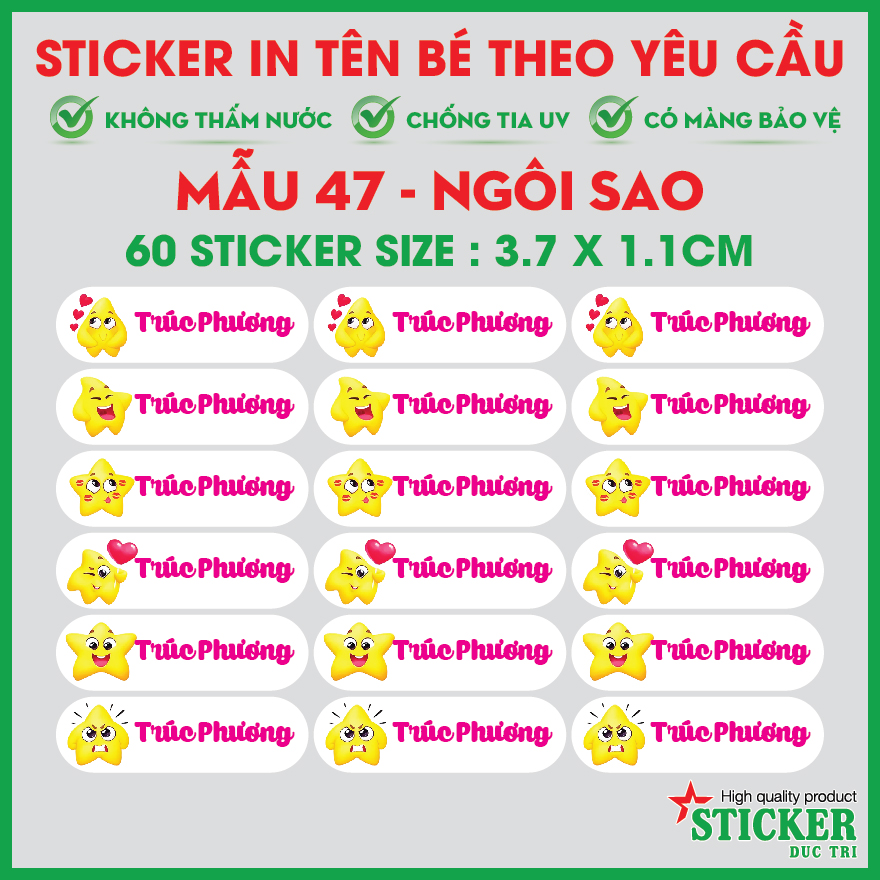 60 Sticker Dán Tem Tên Bé in theo yêu cầu. Dùng dán dụng cụ học tập cho bé. M41_60