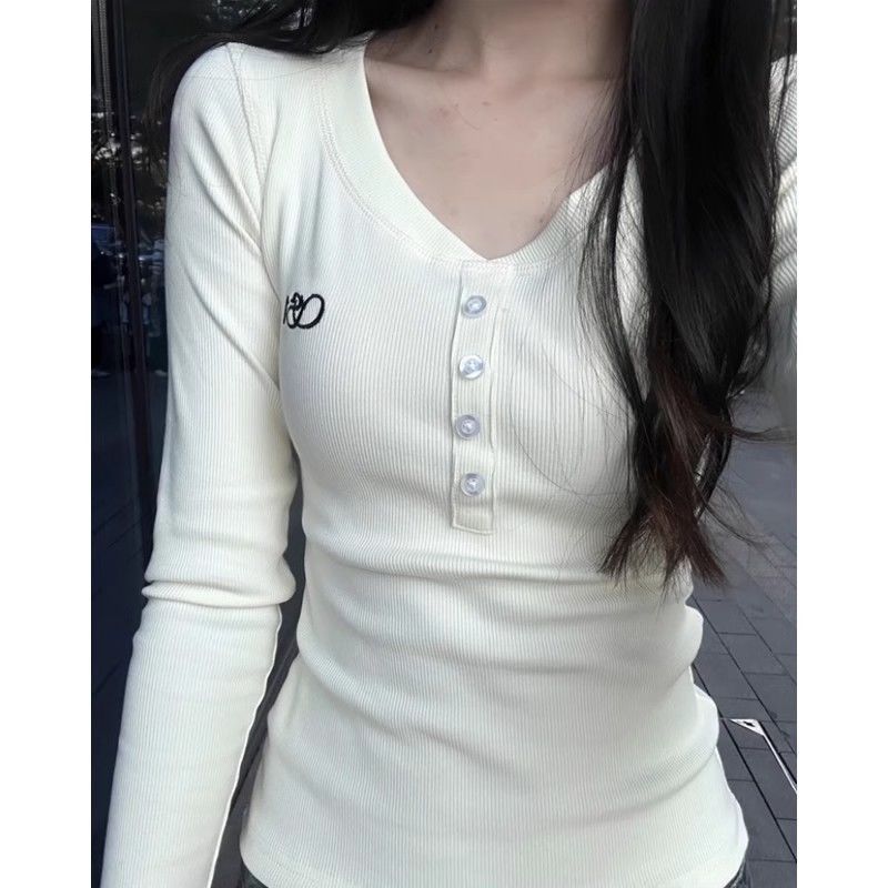 [Zestiva] Hàn Quốc áo thun tay dài áo thun ôm body nữ áo thun trơn basic Cổ Tròn gợi cảm cổ chữ V