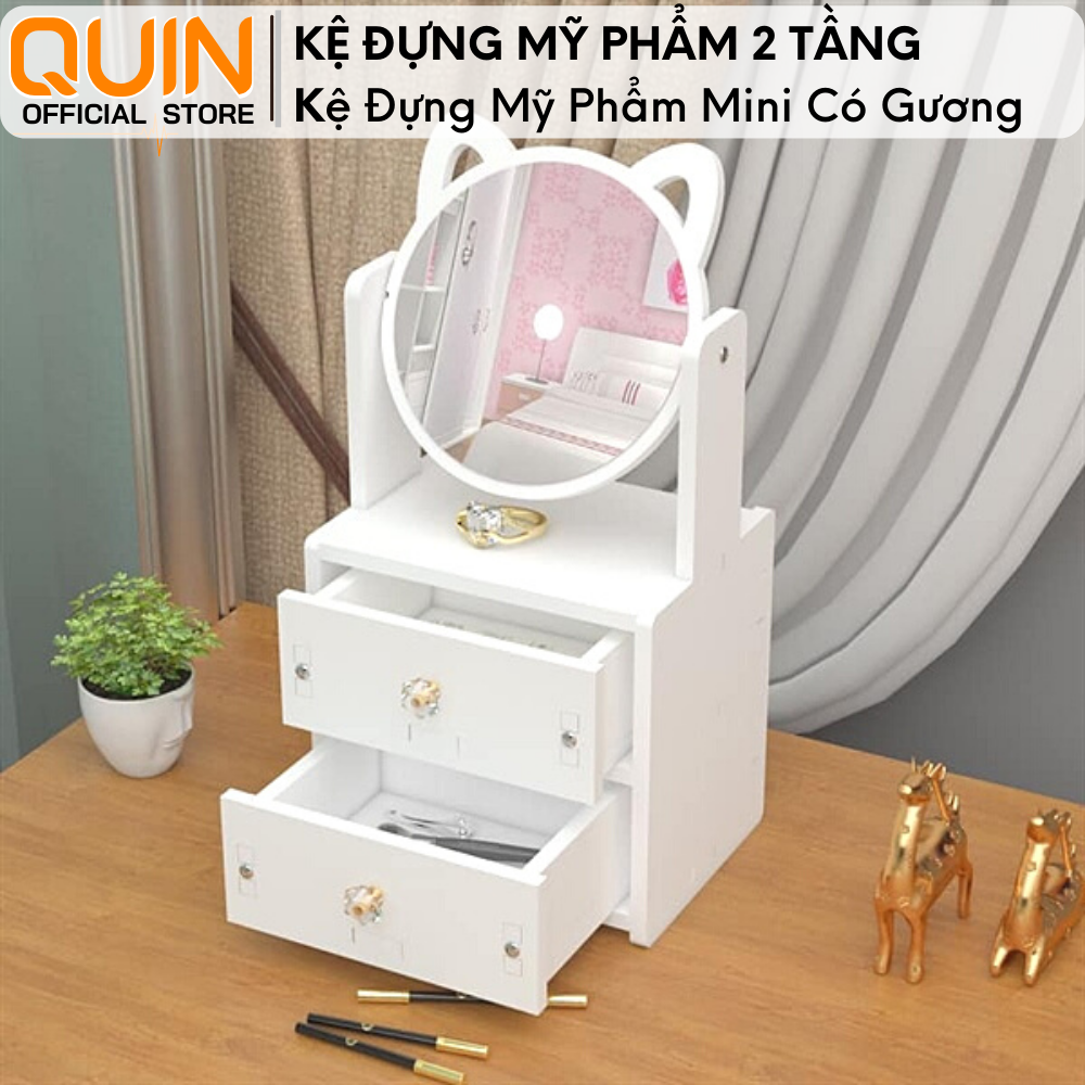 Kệ đựng mỹ phẩm 2 tầng có gương - Tủ đựng đồ trang điểm mini có ngăn kéo tiện dụng
