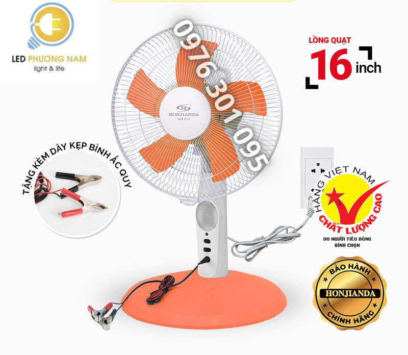 [HONJIANDA] Quạt Điện Để Bàn 12 inch/16 inch HJD1212 - kèm dây kẹp bình 12v và cổng sạc DC12V