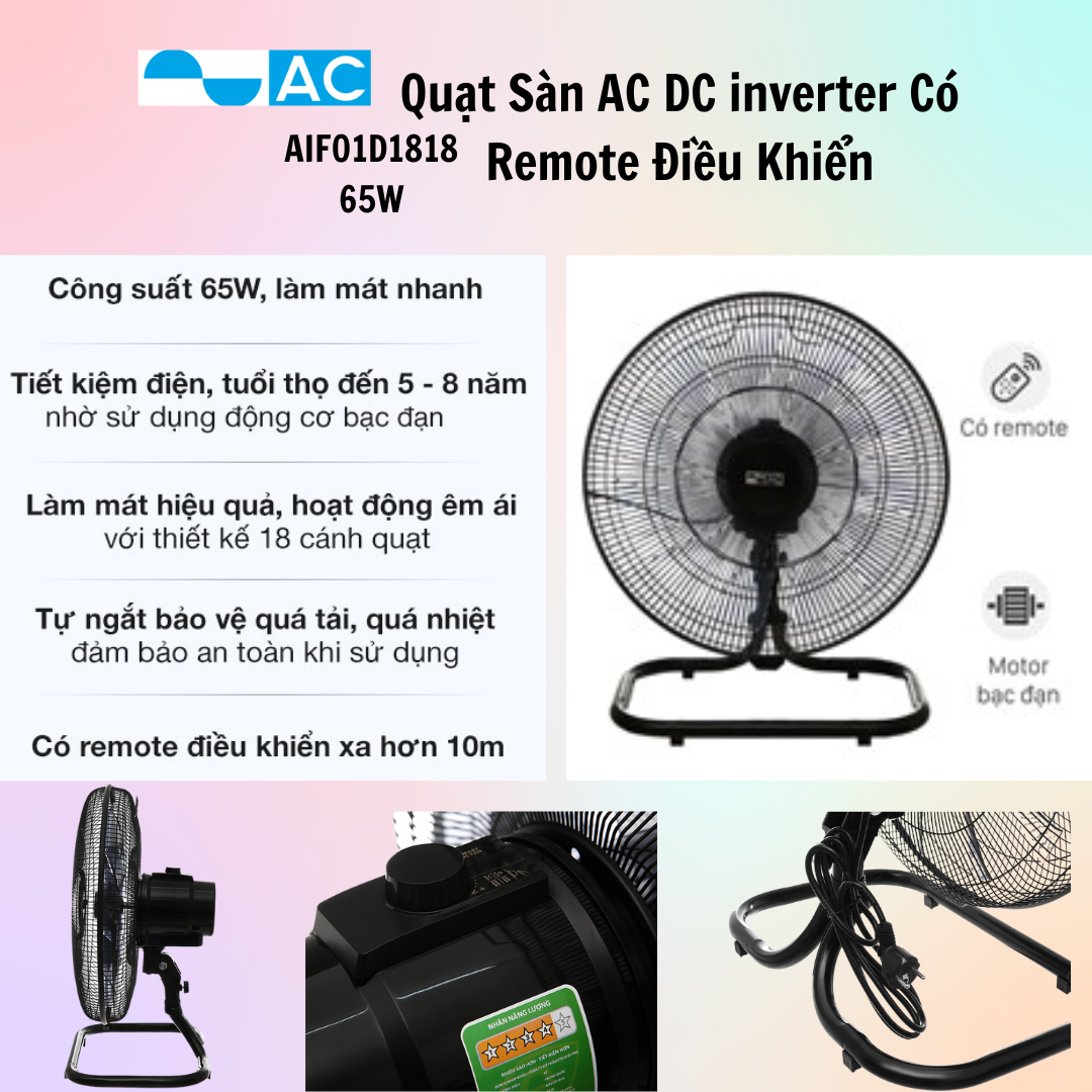 Quạt Đứng AC DC inverter  Có Remote 65W Điều Khiển AIS01D1818/AIF01D1818/AIS02D1818 -Hàng Chính Hãng