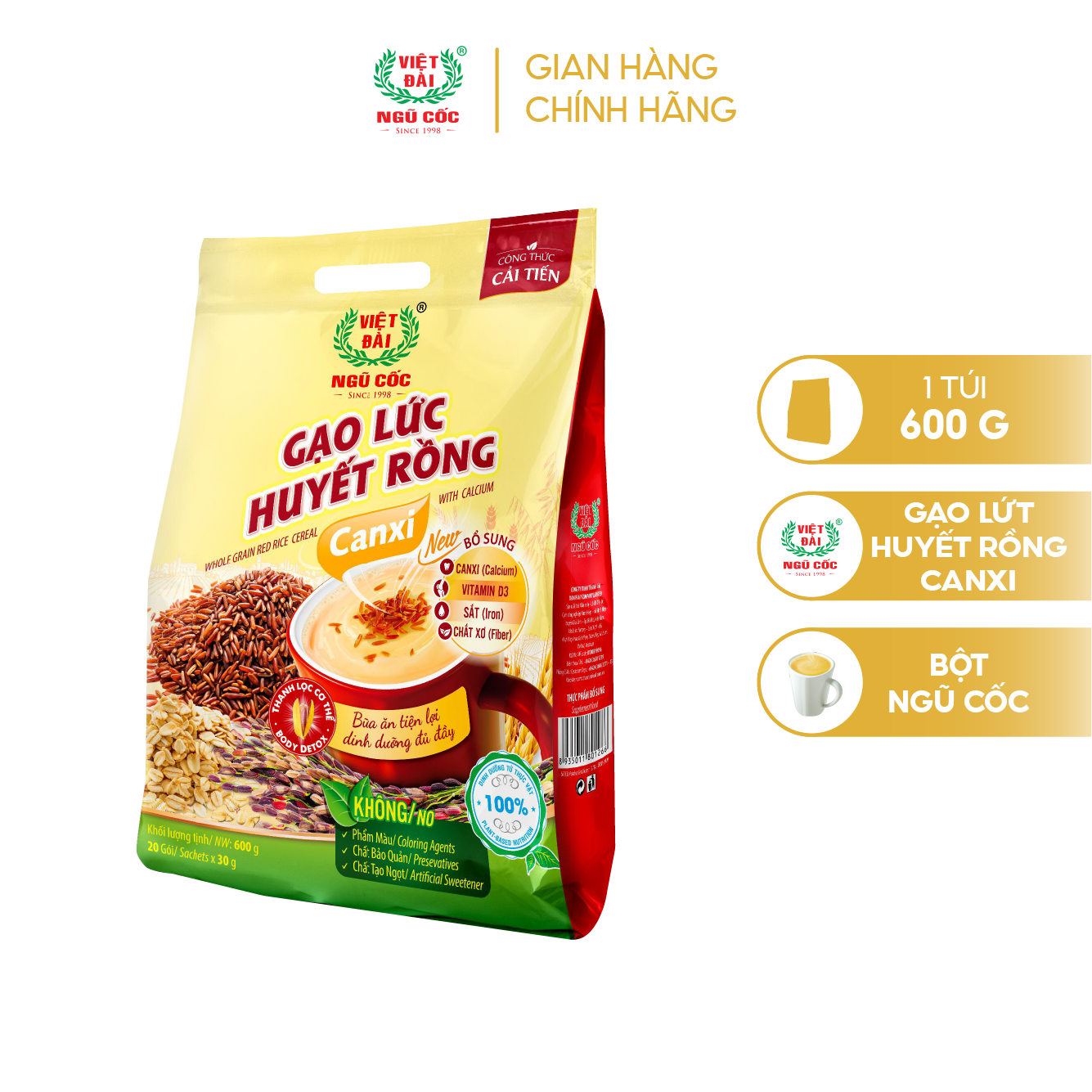 Bột Ngũ Cốc Gạo Lức Huyết Rồng Canxi VIỆT ĐÀI Gạo Lứt Túi 600g Thơm Ngon Giúp Thanh Lọc Cơ Thể