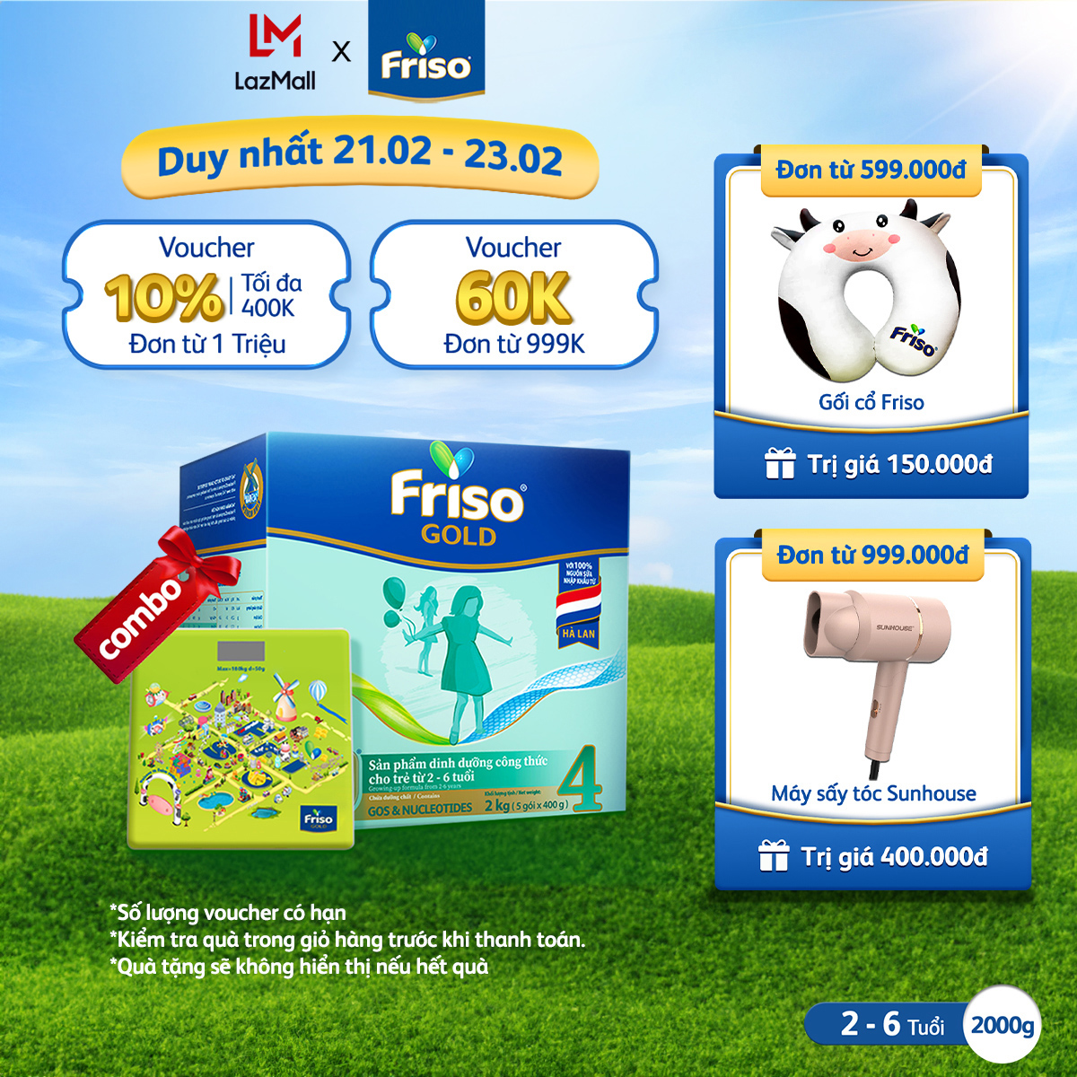 [21-23.2 VOUCHER ĐẾN 400K] [Tặng Cân Điện Tử] Sữa Bột Friso Gold 4 Hộp Giấy 2KG