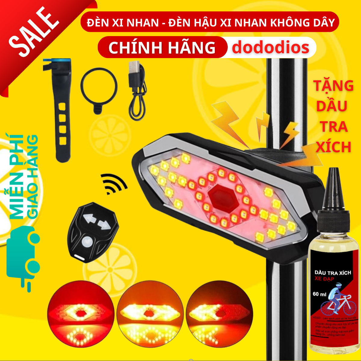 [TẶNG Dầu Tra Xích] đèn xe đạp xi nhan không dây siêu nhậy lắp cột yên 5 chế độ sáng KÈM CÒI - Hàng 