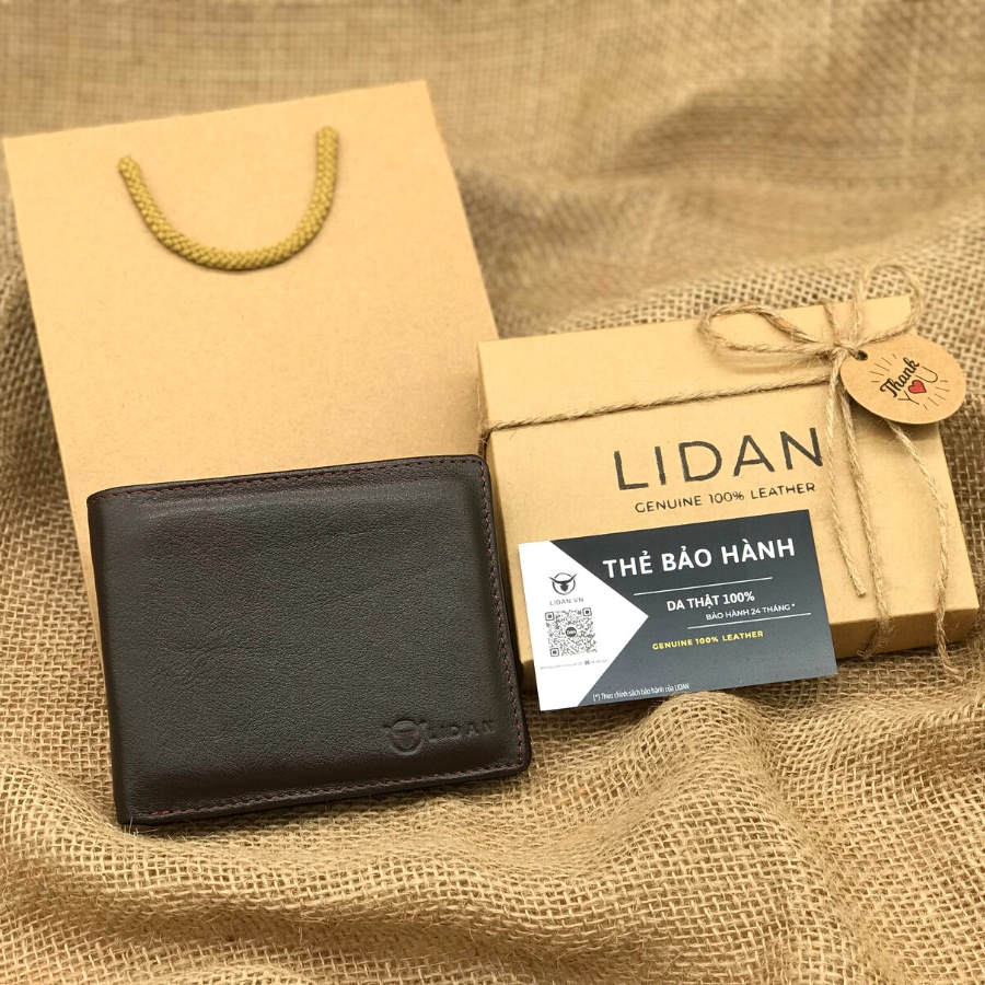 Ví nam da bò thật Nappa cao cấp LIDAN bóp dáng ngang có hộp vintage kèm thiệp đẹp làm quà tặng LD18