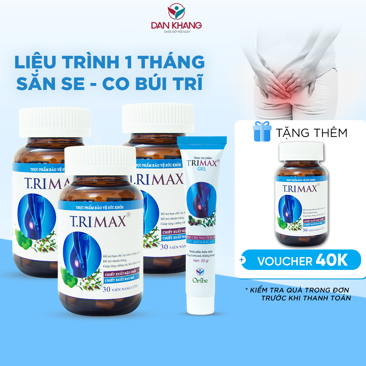 Liệu trình co búi trĩ 1 tháng Trimax Dân Khang 4 món (3 viên uống và 1 gel) giúp săn se trĩ giảm đau