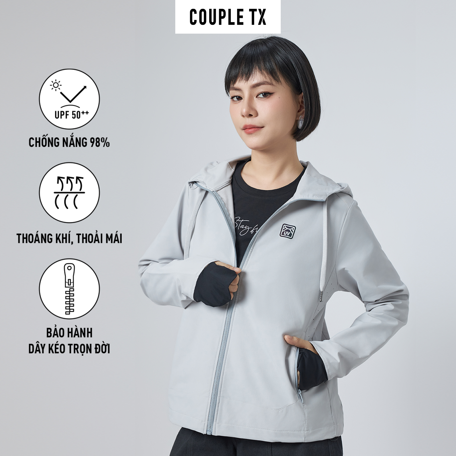 Áo Khoác Chống Nắng Nữ COUPLE TX - Áo Khoác Chống Tia UV Pro Windbreaker Có Nón Có 2 Túi Trong Form 
