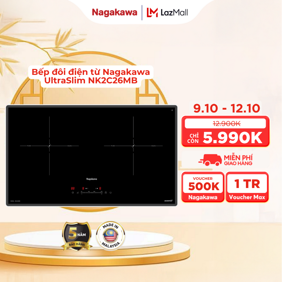 Bếp đôi điện từ cao cấp Nagakawa UltraSlim NK2C26MB - Made in Malaysia - Bảo hành 5 năm